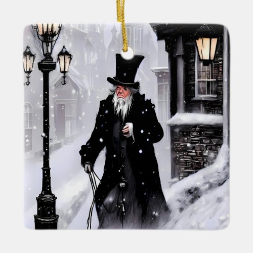 Miserly Ebenezer Scrooge Snowy Victorian Street Ceramic Ornament