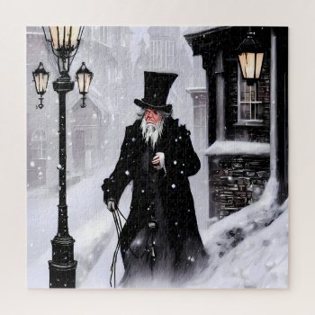 Miserly Ebenezer Scrooge Snowy Victorian Street Jigsaw Puzzle by prawny at Zazzle