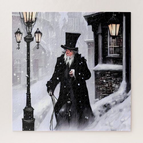 Miserly Ebenezer Scrooge Snowy Victorian Street Jigsaw Puzzle