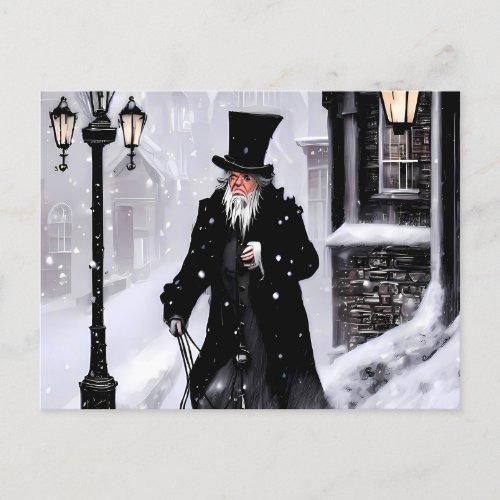 Miserly Ebenezer Scrooge Snowy Victorian Street Postcard