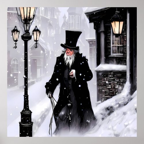 Miserly Ebenezer Scrooge Snowy Victorian Street Poster
