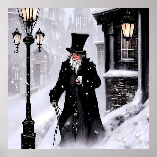 Miserly Ebenezer Scrooge Snowy Victorian Street Poster (Front)