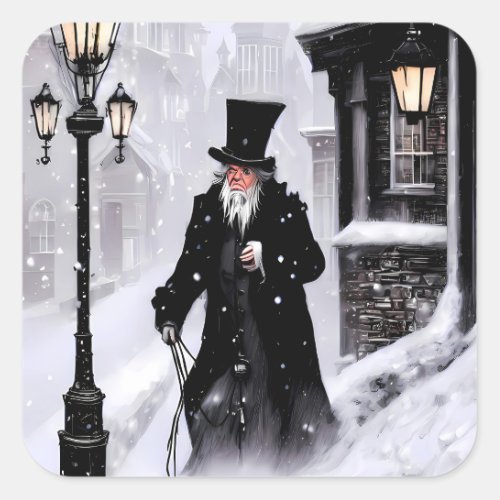 Miserly Ebenezer Scrooge Snowy Victorian Street Square Sticker