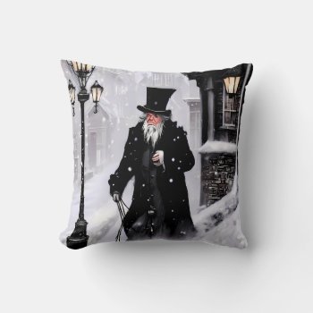 Miserly Ebenezer Scrooge Snowy Victorian Street Throw Pillow by prawny at Zazzle