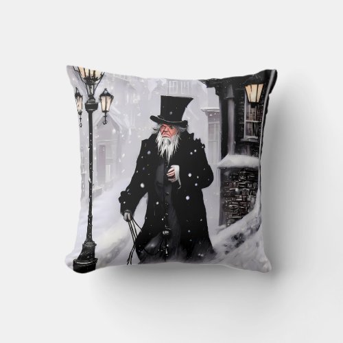 Miserly Ebenezer Scrooge Snowy Victorian Street Throw Pillow