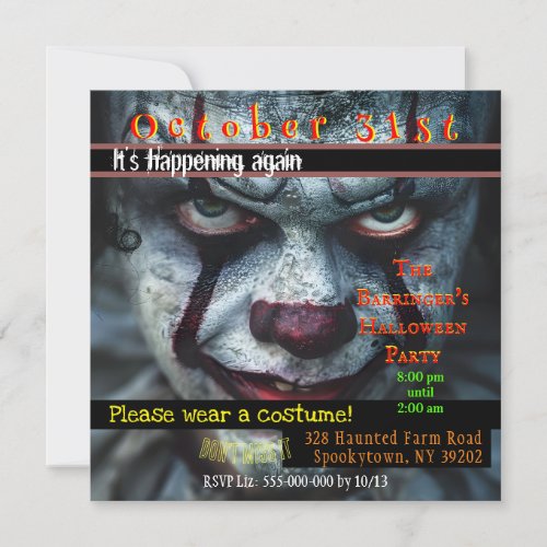 Misfit Creepy Clown Halloween Costume   Invitation