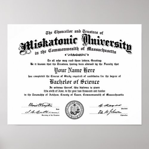 Miskatonic University Diploma __ Type in Your Name Poster