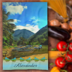 Mismaloya River Fishing Boats 0344 Kitchen Towel