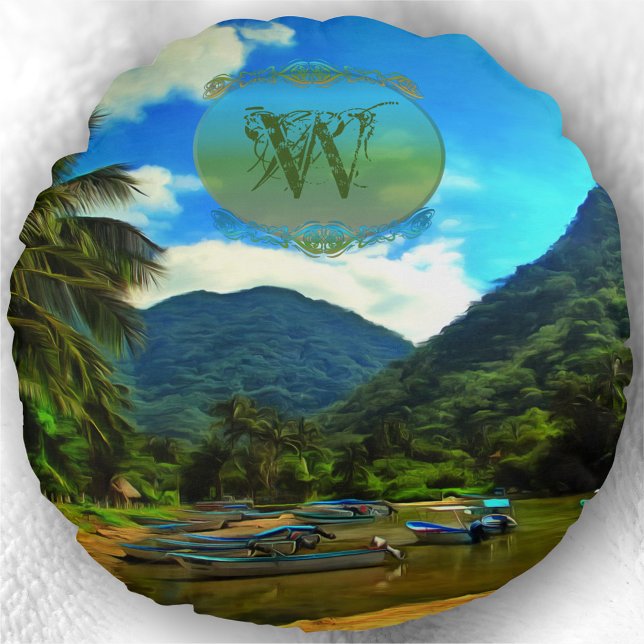 Mismaloya River Fishing Boats 0344 Round Pillow (Creator Uploaded)