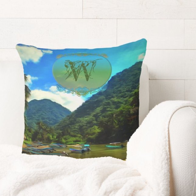 Mismaloya River Fishing Boats 0344 Throw Pillow (Creator Uploaded)