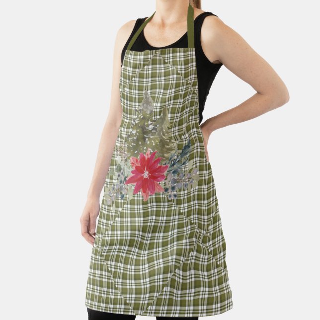 Mismatched Green Plaid and Christmas Trees Apron (Insitu)