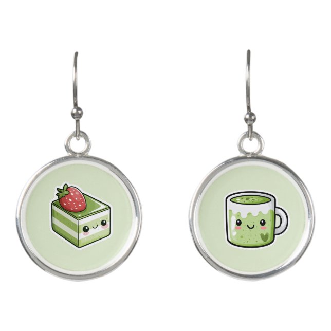 Mismatched Matcha Drink and Cake Drop Earrings (Front)