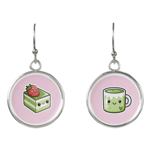 Mismatched Matcha Drink and Cake Drop Earrings (Front)