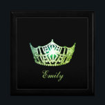 Miss America Apple Crown Personal Name Jewerly Box<br><div class="desc">Shown here in Black color wood, this lovely jewelry/trinket box has a Black Background with a print of a gleaming Apple Green crown in center along with formatted text ready for you to personalize with you name, date or any text you prefer. Shown in the Large sized box. Choose between...</div>