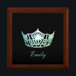 Miss America Aqua Crown Personal Name Jewerly Box<br><div class="desc">Shown here in Golden Oak color wood, this lovely jewelry/trinket box has a Black Background with a gleaming Aqua Green crown in center along with formatted text ready for you to personalize with you name, date or any text you prefer. Shown in the Large sized box. Choose between Small and...</div>