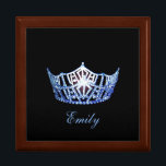 Miss America Blue Crown Personal Name Jewerly Box<br><div class="desc">Shown here in Oak wood, this lovely jewelry/trinket box has a Black Background with a print of a gleaming Blue crown in center along with formatted text ready for you to personalize with you name, date or any text you prefer. Shown in the Large sized box. Choose between Small and...</div>