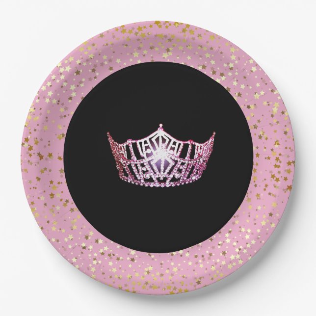 Miss America Crown Paper Plates-Golden Stars PInk Paper Plates (Front)