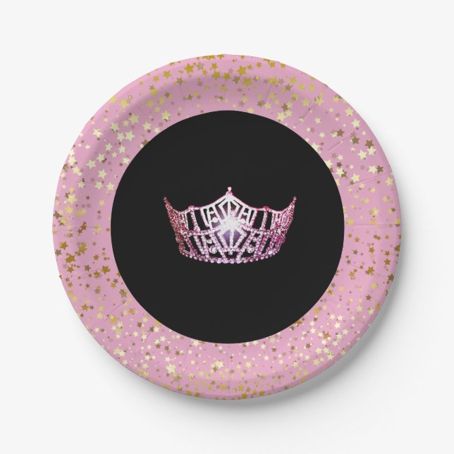 Miss America Crown Paper Plates-Golden Stars PInk Paper Plates (Front)