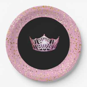 Miss America Crown Paper Plates-Golden Stars PInk Plates