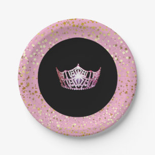 Miss America Crown Paper Plates-Golden Stars PInk Plates