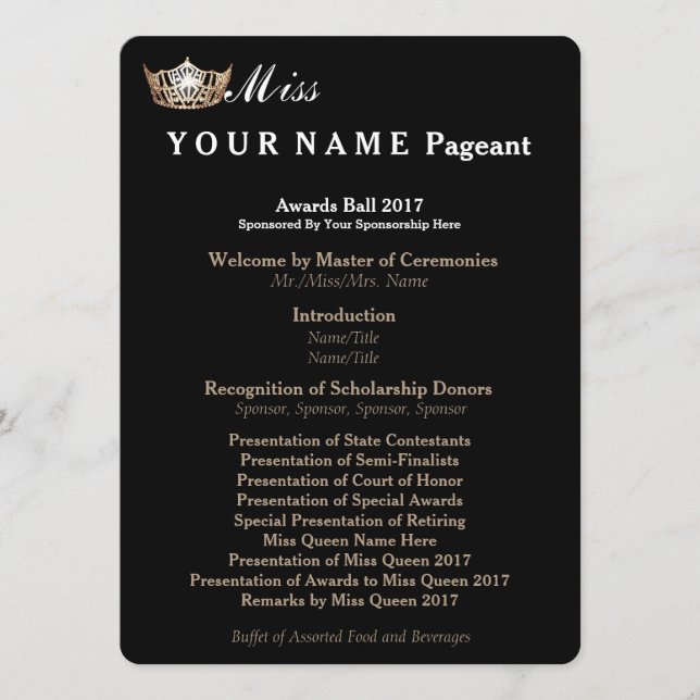 Miss America Gold Crown Awards Ball Program Card (Front)