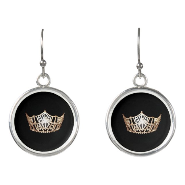 Miss America Gold Crown Dangle Drop Earrings (Front)