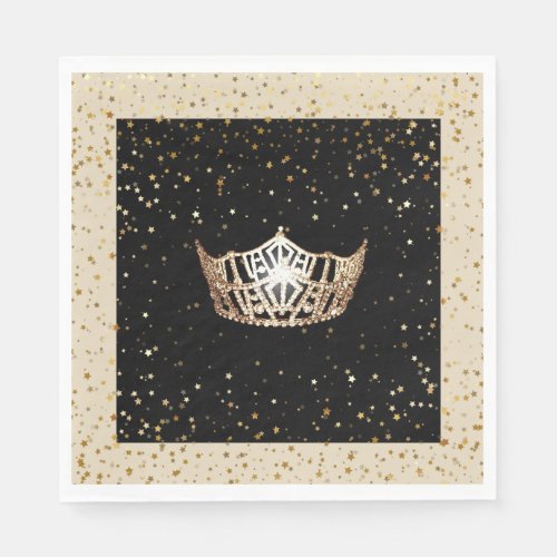 Miss America Gold Crown Gold Stars Paper Napkin