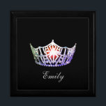Miss America MULTI Crown Personal Name Jewerly Box<br><div class="desc">Shown here in Black wood, this lovely jewelry/trinket box has a Black Background with a print of a gleaming Multi color crown in center along with formatted text ready for you to personalize with you name, date or any text you prefer. Shown in the Large sized box. Choose between Small...</div>