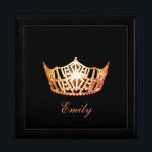 Miss America ORNGE Crown Personal Name Jewerly Box<br><div class="desc">Shown here in Black color wood, this lovely jewelry/trinket box has a Black Background with a print of a gleaming Orange-Peach crown in center along with formatted text ready for you to personalize with you name, date or any text you prefer. Shown in the Large sized box. Choose between Small...</div>
