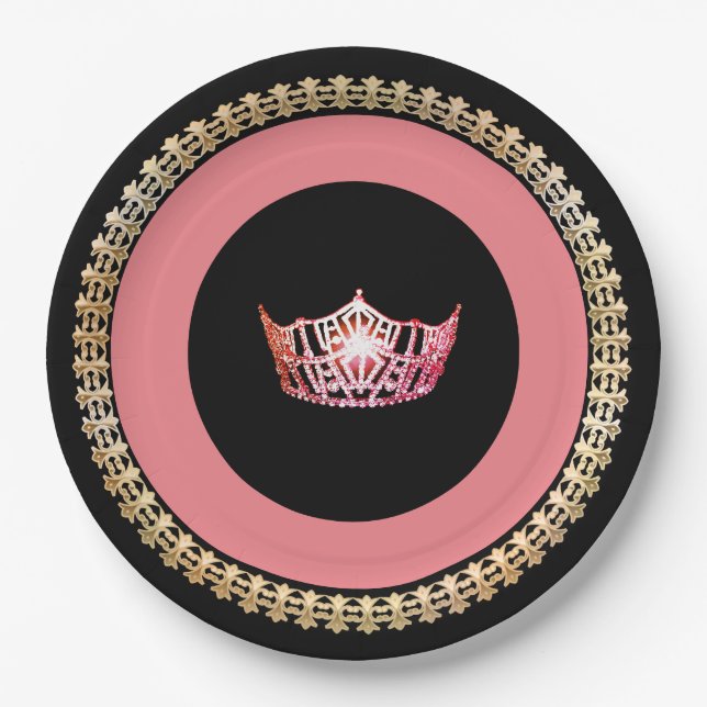 Miss America Pink-Coral Crown 9" Paper Plates (Front)
