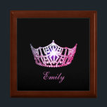 Miss America Pink Crown Personal Name Jewerly Box<br><div class="desc">Shown here in Oak wood, this lovely jewelry/trinket box has a Black Background with a print of a gleaming Pink crown in center along with formatted text ready for you to personalize with you name, date or any text you prefer. Shown in the Large sized box. Choose between Small and...</div>