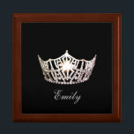 Miss America Silve Crown Personal Name Jewerly Box<br><div class="desc">Shown here in Golden Oak color wood, this lovely jewelry/trinket box has a Black Background with a print of a gleaming Silver crown in center along with formatted text ready for you to personalize with you name, date or any text you prefer. Shown in the Large sized box. Choose between...</div>