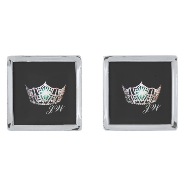 Miss America Silver Crown Cuff Links-w/Monogram Cufflinks (Front)