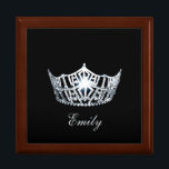 Miss America SILVR Crown Personal Name Jewerly Box<br><div class="desc">Shown here in Golden Oak color wood, this lovely jewelry/trinket box has a Black Background with a print of a gleaming Silver crown in center along with formatted text ready for you to personalize with you name, date or any text you prefer. Shown in the Large sized box. Choose between...</div>