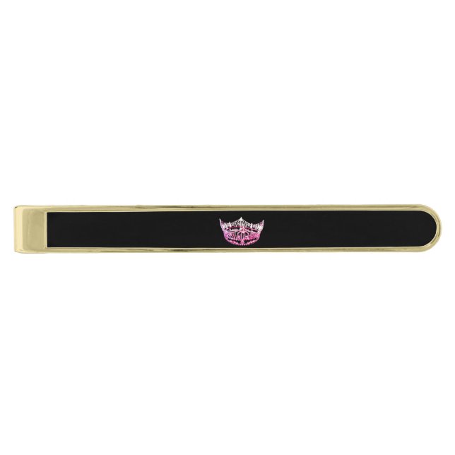 Miss America style Classic Tie Bar-Pink/BLK Gold Finish Tie Clip (Front)