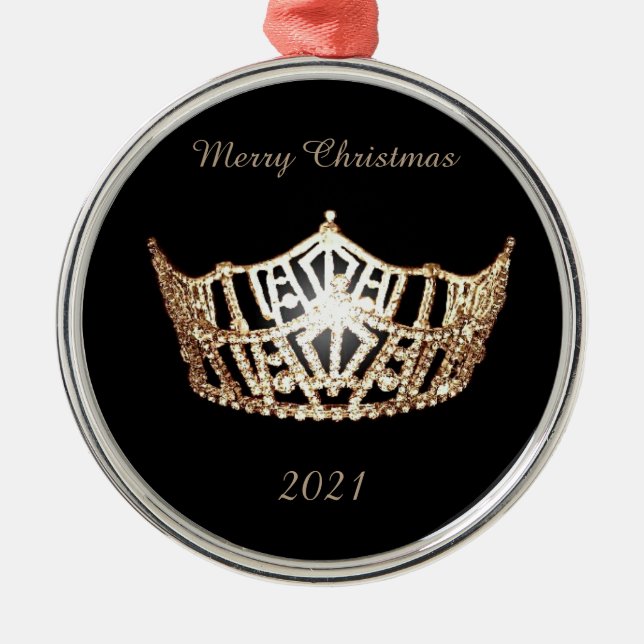 Miss America style Gold Crown Christmas Ornament (Front)