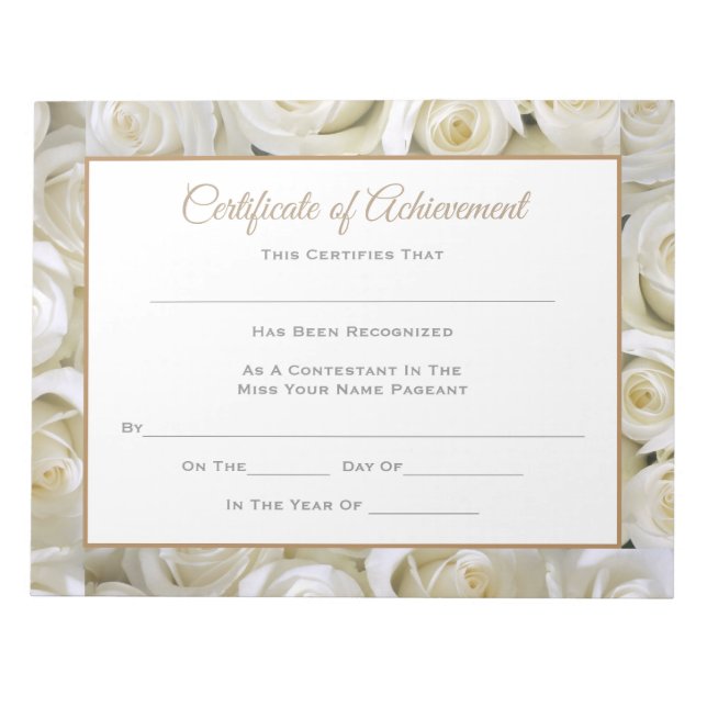 Miss America style Pageant Certificates-Achievmnt Notepad (Front)