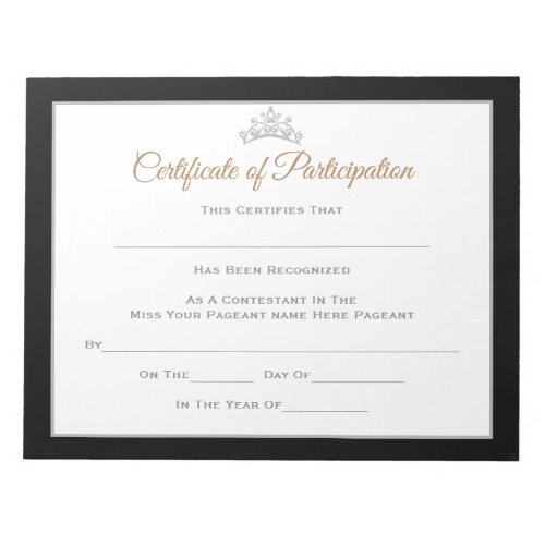 Miss America style Pageant Certificates_Particptn Notepad