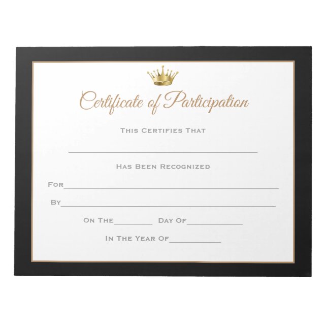Miss America style Pageant Certificates-Particptn Notepad (Front)