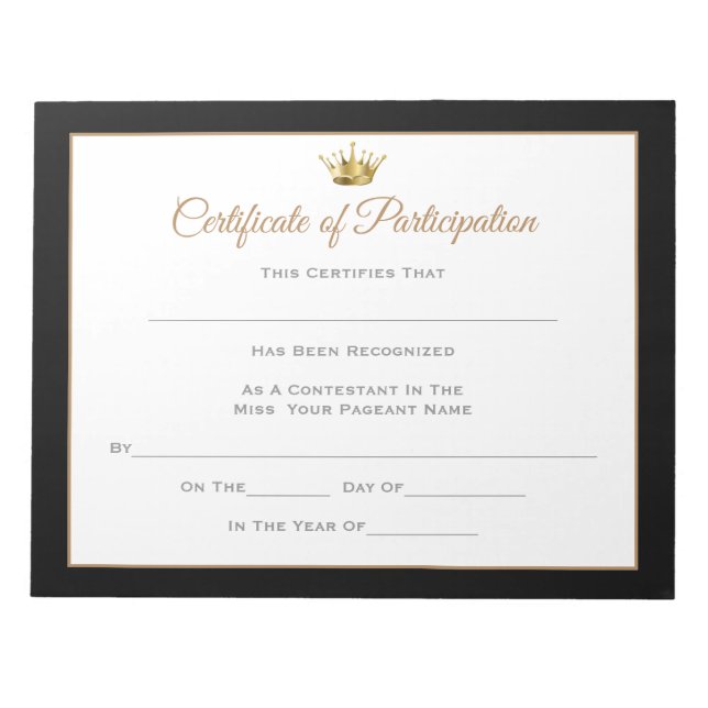 Miss America style Pageant Certificates-Particptn Notepad (Front)