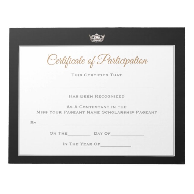 Miss America style Pageant Certificates-Particptn Notepad (Front)