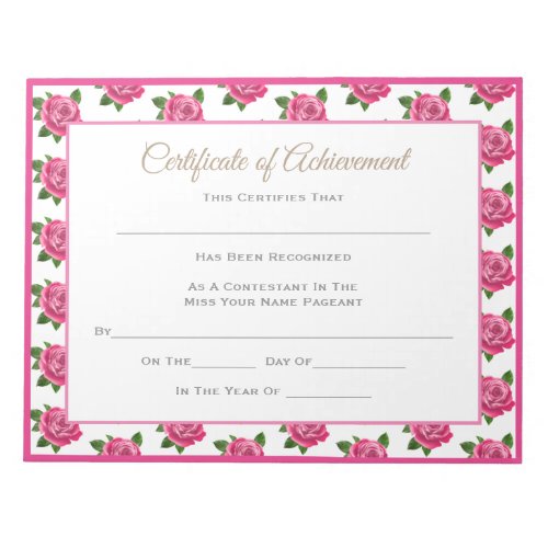 Miss America style Pageant Certificates_Roses Notepad
