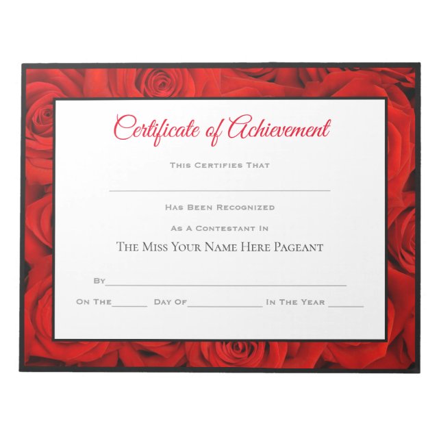 Miss America style Pageant Certificates-Roses Notepad (Front)
