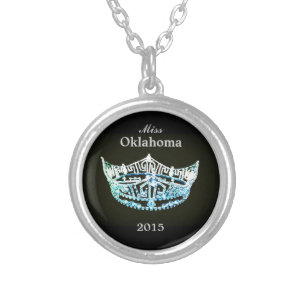 Miss America style Round Crown Necklace-Aqua/Black Silver Plated Necklace