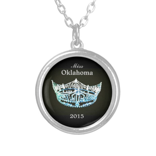 Miss America style Round Crown Necklace-Aqua/Black Silver Plated Necklace (Front)