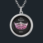 Miss America style Round Crown Necklace-Pink/Black Silver Plated Necklace<br><div class="desc">Silver plated and in a round shape with a Black background, this lovely necklace has in the center of it an image of a gleaming-looking Pink colored Miss America style crown. Image on front only. Text of pageant name and date. Perfect for past royalty and hostesses too! Customize further or...</div>