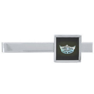 Miss America style Tie Bar-Aqua/Black Silver Finish Tie Clip
