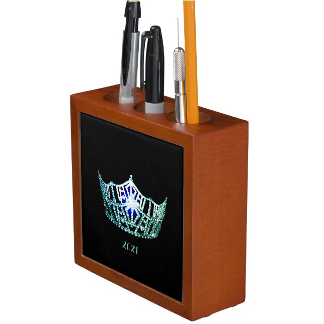 Miss America Teal Crown Wood Desk Organizer (In Situ)