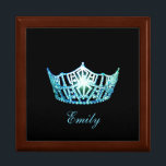 Miss America TURQ Crown Personal Name Jewerly Box<br><div class="desc">Shown here in Oak wood, this lovely jewelry/trinket box has a Black Background with a print of a gleaming Turquoise Blue crown in center along with formatted text ready for you to personalize with you name, date or any text you prefer. Shown in the Large sized box. Choose between Small...</div>