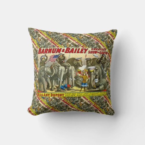 Miss Amy Dupont and War Elephants Vintage Circus Throw Pillow